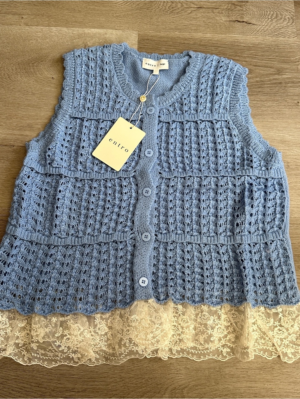 Entro Blue Crochet Knit Button-Front Sleeveless Sweater with Lace Hem